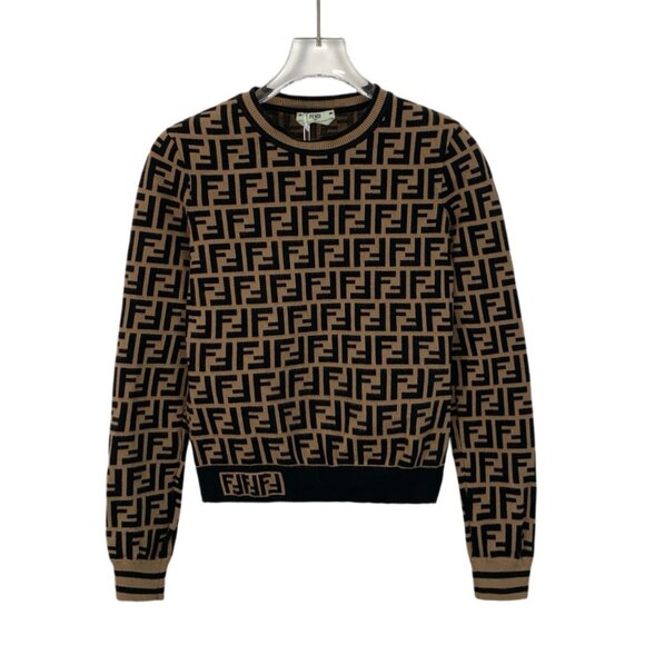 Fendi Brown Logo Allover Print Crewneck Knit Sweater - Picture 1 of 7